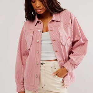 Free People Pink & White Striped Denim Jacket – Size Small